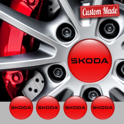 Skoda Center Wheel Caps Stickers Red Background Black Logo Design