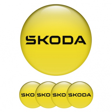 Skoda Center Wheel Caps Stickers Yellow Fill Black Logo Edition