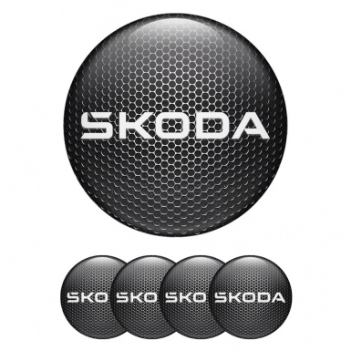 Skoda Center Wheel Caps Stickers Dark Metal Motif White Logo Edition