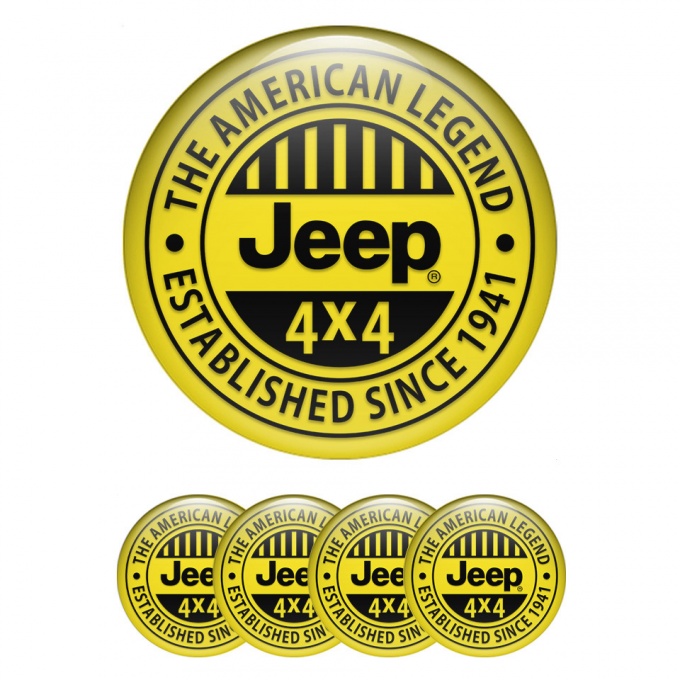 Jeep Domed Stickers for Wheel Center Caps Yellow Fill Black Logo