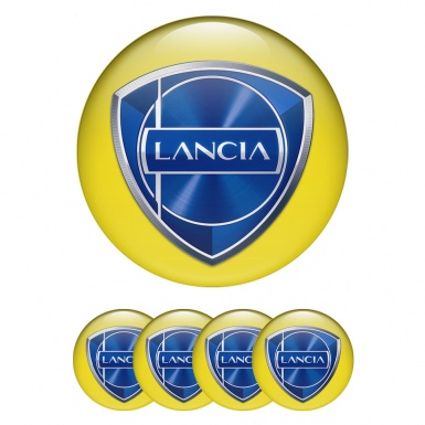 Lancia Center Wheel Caps Stickers Yellow Background Metallic Logo Effect