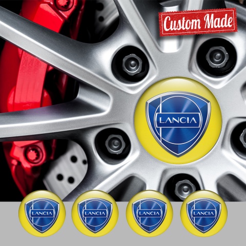Lancia Center Wheel Caps Stickers Yellow Background Metallic Logo Effect