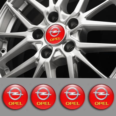 Opel Stickers for Wheels Center Caps Red Base Silver Yellow Effect