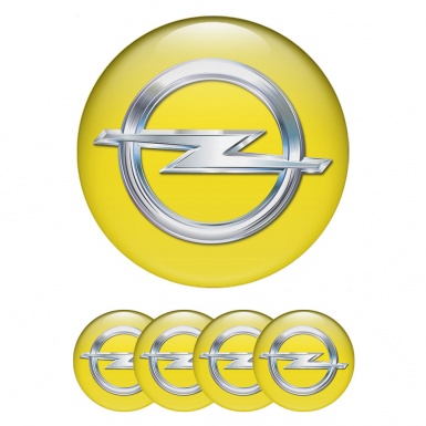 Opel Domed Stickers for Wheel Center Caps Yellow Fill Classic Chrome Logo