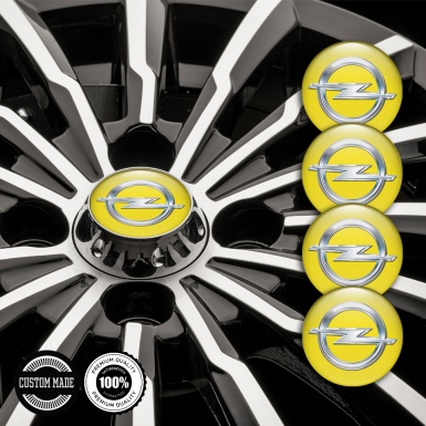 Opel Domed Stickers for Wheel Center Caps Yellow Fill Classic Chrome Logo