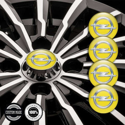 Opel Domed Stickers for Wheel Center Caps Yellow Fill Classic Chrome Logo
