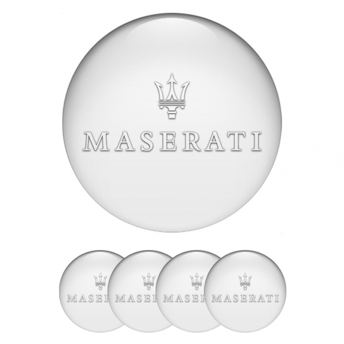 Maserati Stickers for Wheels Center Caps Pearly Print White Trident Logo