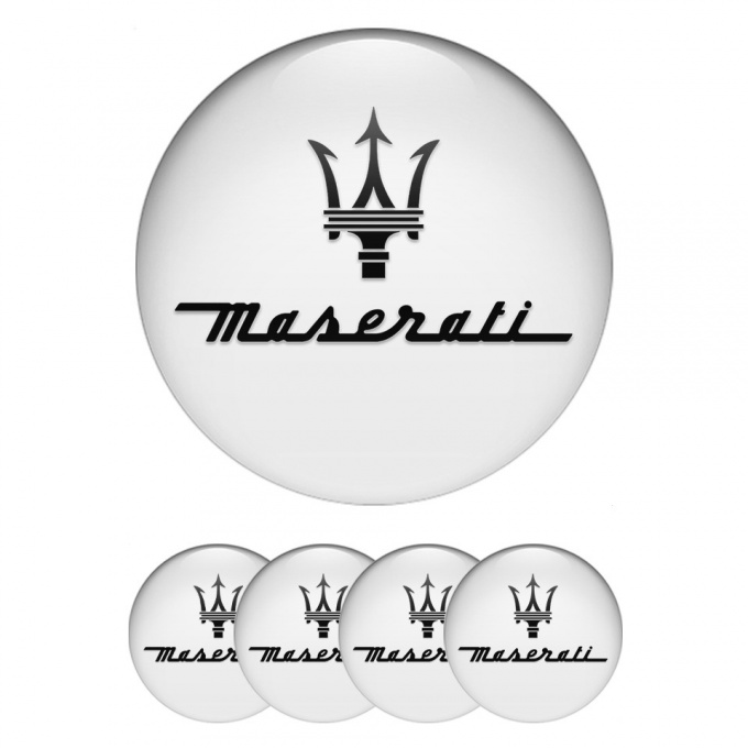 Maserati Stickers for Center Wheel Caps White Print Classic Dark Trident Logo