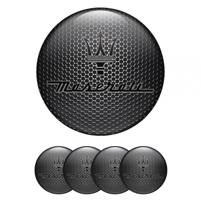 Maserati Center Wheel Caps Stickers Metal Texture Black Trident Logo