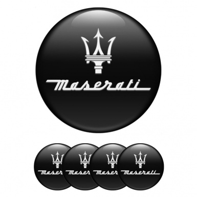Maserati Wheel Stickers for Center Caps Black Print White Trident Logo