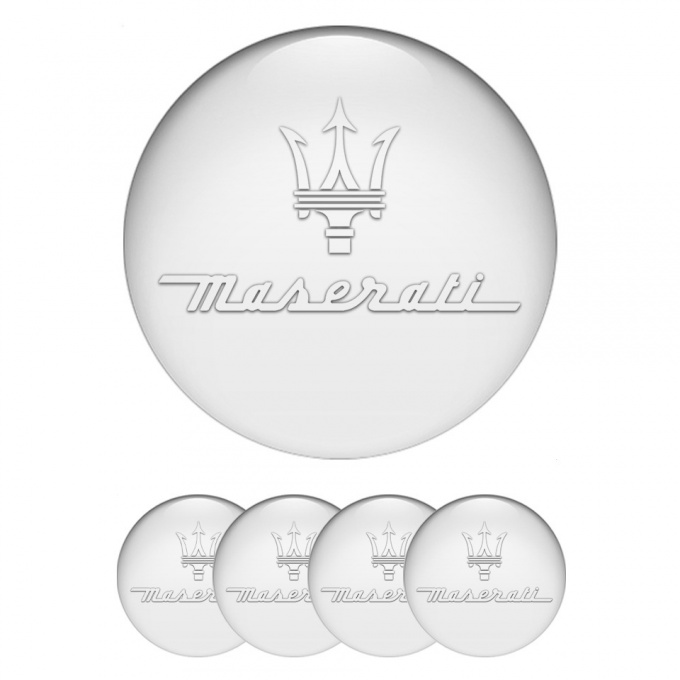 Maserati Domed Stickers for Wheel Center Caps Pearly Print White Trident