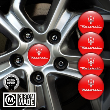 Maserati Wheel Emblem for Center Caps Red Print White Trident Edition