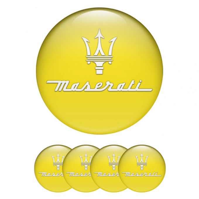 Maserati Stickers for Wheels Center Caps Yellow Print White Trident Symbol