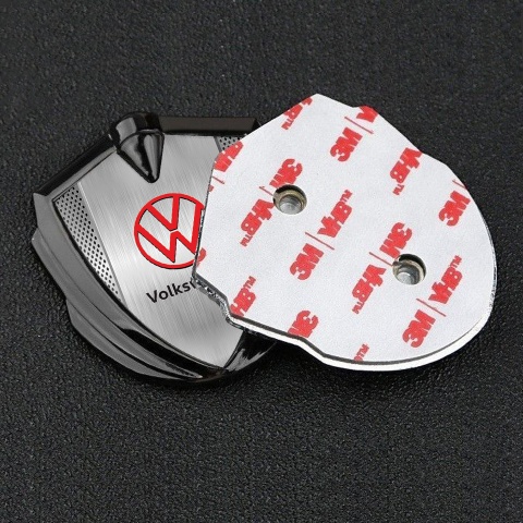 VW Metal Domed Emblem Graphite Light Mesh Brushed Steel Red Logo