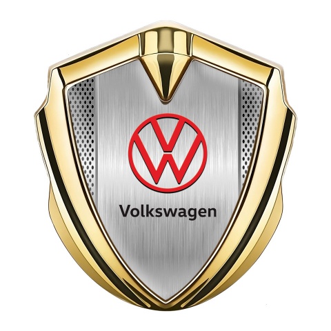 VW Metal Domed Emblem Gold Light Mesh Brushed Steel Red Logo
