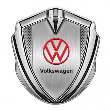 VW Metal Domed Emblem Silver Light Mesh Brushed Steel Red Logo