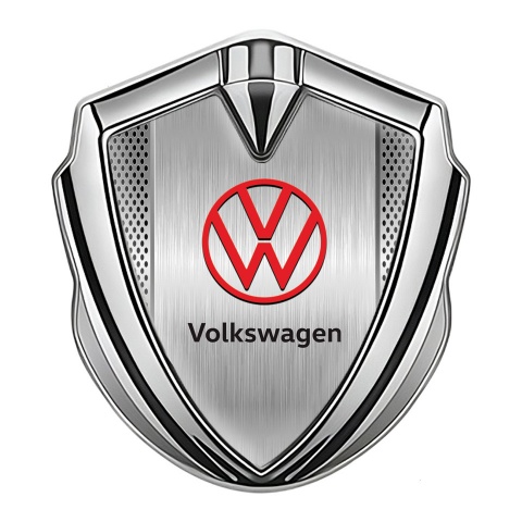 VW Metal Domed Emblem Silver Light Mesh Brushed Steel Red Logo