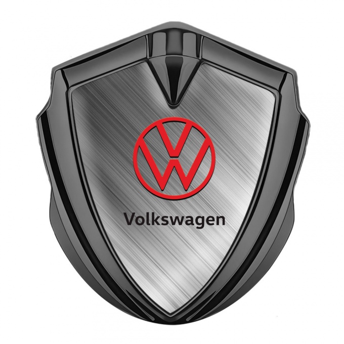VW Badge Self Adhesive Graphite Brushed Steel Effect Red Logo Design