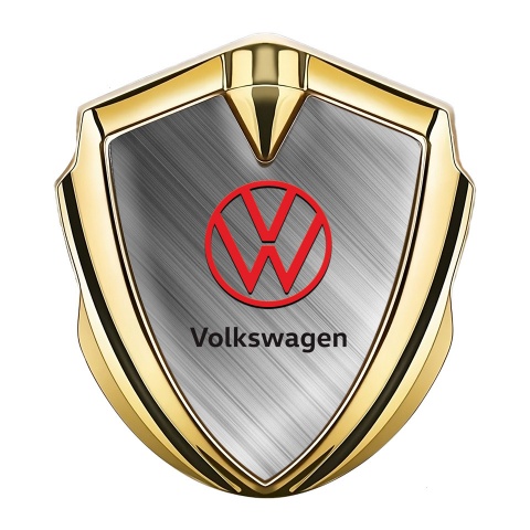 VW Badge Self Adhesive Gold Brushed Steel Effect Red Logo Design