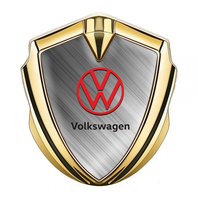 VW Badge Self Adhesive Gold Brushed Steel Effect Red Logo Design