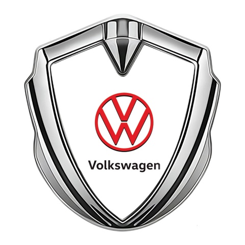 VW Emblem Trunk Badge Silver White Background Crimson Logo