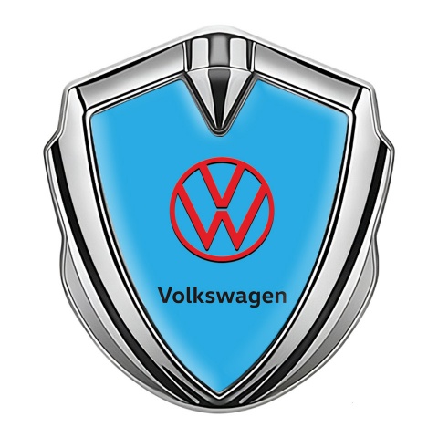 VW Emblem Car Badge Silver Sky Blue Base Crimson Logo Design