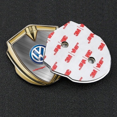 VW Emblem Badge Self Adhesive Gold Brushed Steel Base Blue Logo