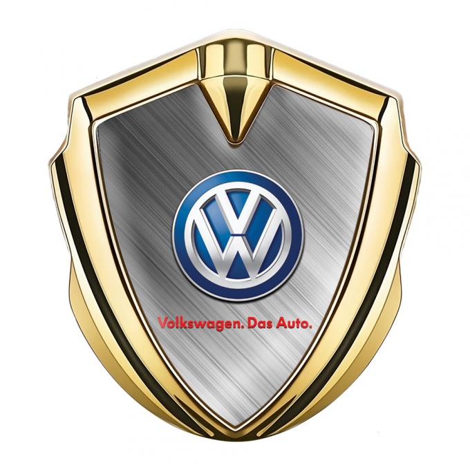 VW Emblem Badge Self Adhesive Gold Brushed Steel Base Blue Logo