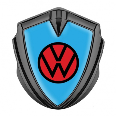 VW Metal Emblem Badge Graphite Sky Blue Base Red Logo Edition