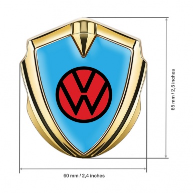 VW Metal Emblem Badge Gold Sky Blue Base Red Logo Edition