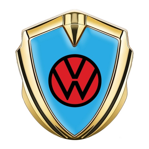 VW Metal Emblem Badge Gold Sky Blue Base Red Logo Edition