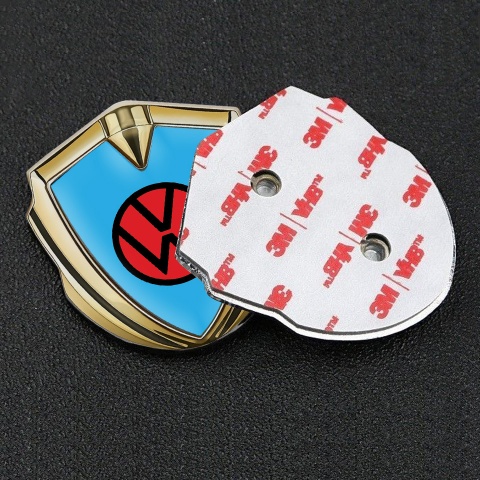 VW Metal Emblem Badge Gold Sky Blue Base Red Logo Edition