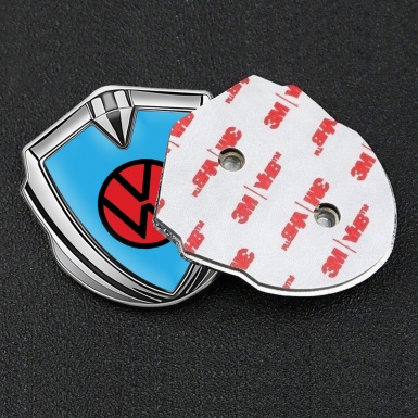 VW Metal Emblem Badge Silver Sky Blue Base Red Logo Edition