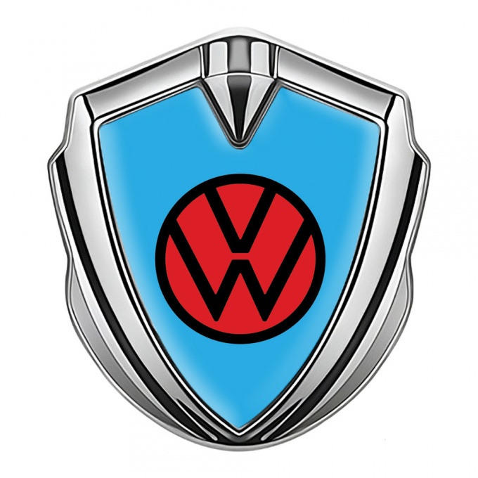 VW Metal Emblem Badge Silver Sky Blue Base Red Logo Edition