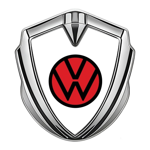 VW Emblem Fender Badge Silver White Base Red Circle Logo