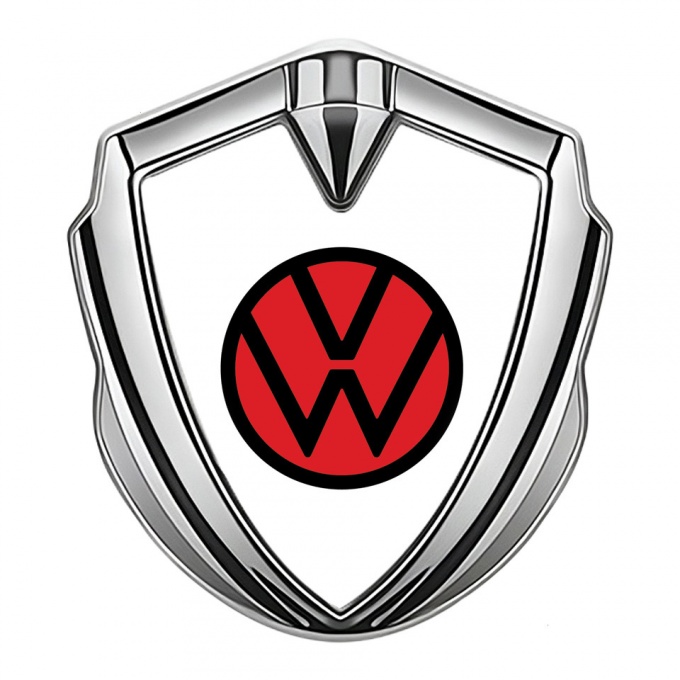 VW Emblem Fender Badge Silver White Base Red Circle Logo