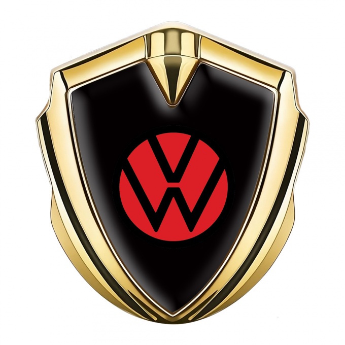 VW Metal Emblem Self Adhesive Gold Black Base Red Circle Logo