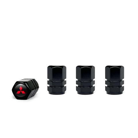 Mitsubishi Valve Caps Black 4 pcs Black Silicone sticker Red Logo