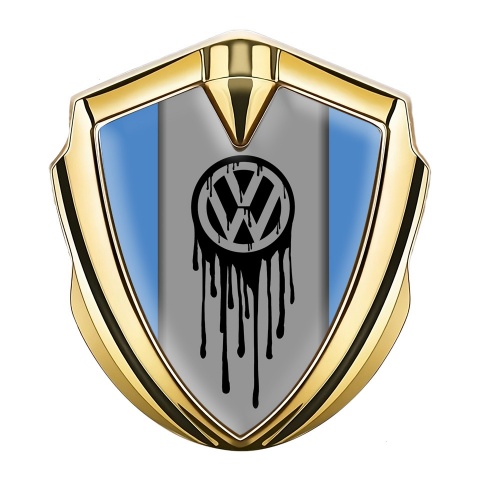 VW Metal Emblem Self Adhesive Gold Blue Base Dripping Brush Effect