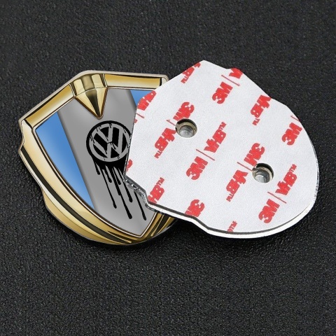 VW Metal Emblem Self Adhesive Gold Blue Base Dripping Brush Effect