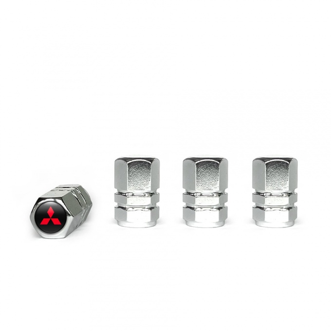 Mitsubishi Valve Caps Chrome 4 pcs Black Silicone sticker Red Logo