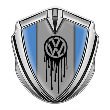 VW Metal Emblem Self Adhesive Silver Blue Base Dripping Brush Effect