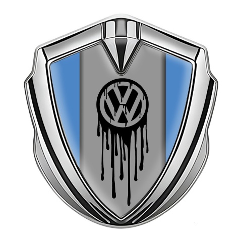 VW Metal Emblem Self Adhesive Silver Blue Base Dripping Brush Effect