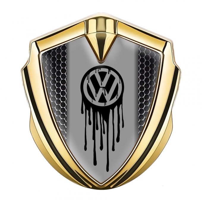 VW Fender Emblem Badge Gold Steel Grate Dripping Brush Effect