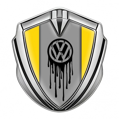 VW Metal Emblem Badge Silver Yellow Base Dripping Brush Effect