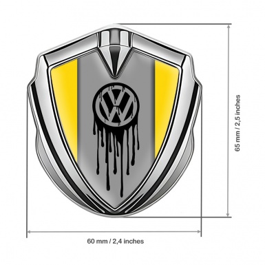 VW Metal Emblem Badge Silver Yellow Base Dripping Brush Effect