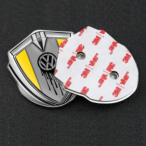 VW Metal Emblem Badge Silver Yellow Base Dripping Brush Effect