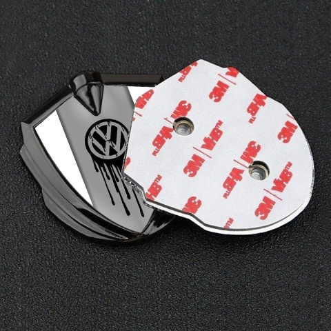 VW Emblem Metal Badge Graphite White Base Dripping Brush Effect