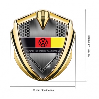 VW Emblem Metal Badge Gold Grey Honeycomb German Flag Design
