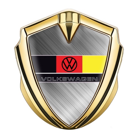 VW Emblem Car Badge Gold Brushed Steel German Tricolor Design